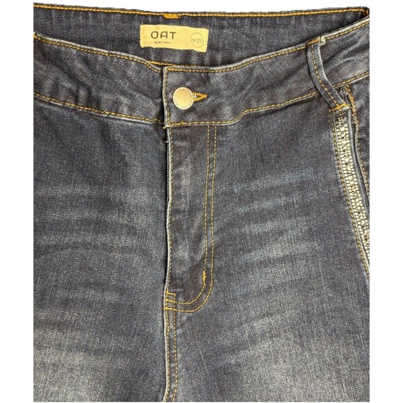 OAT New York High Rise Wide Leg Jeans Size 4/27 Rhinestone Pocket Detail Raw Hem - Picture 4 of 7